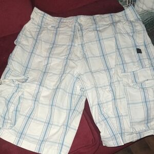 Casual White and Blue Plaid Cargo Shorts